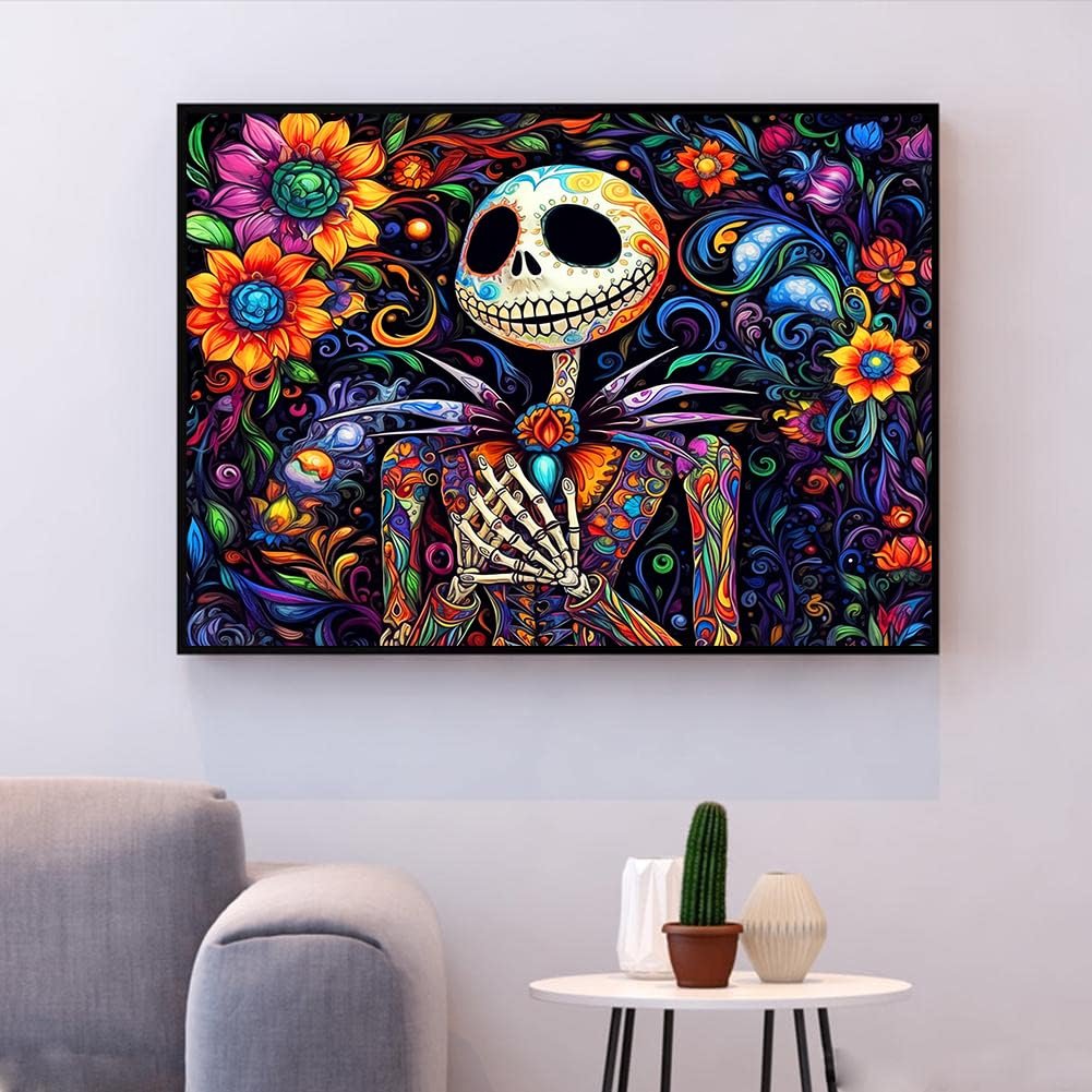 Diamond painting kit featuring a colorful skeleton figure surrounded by vibrant flowers and swirling patterns, framed on a wall.