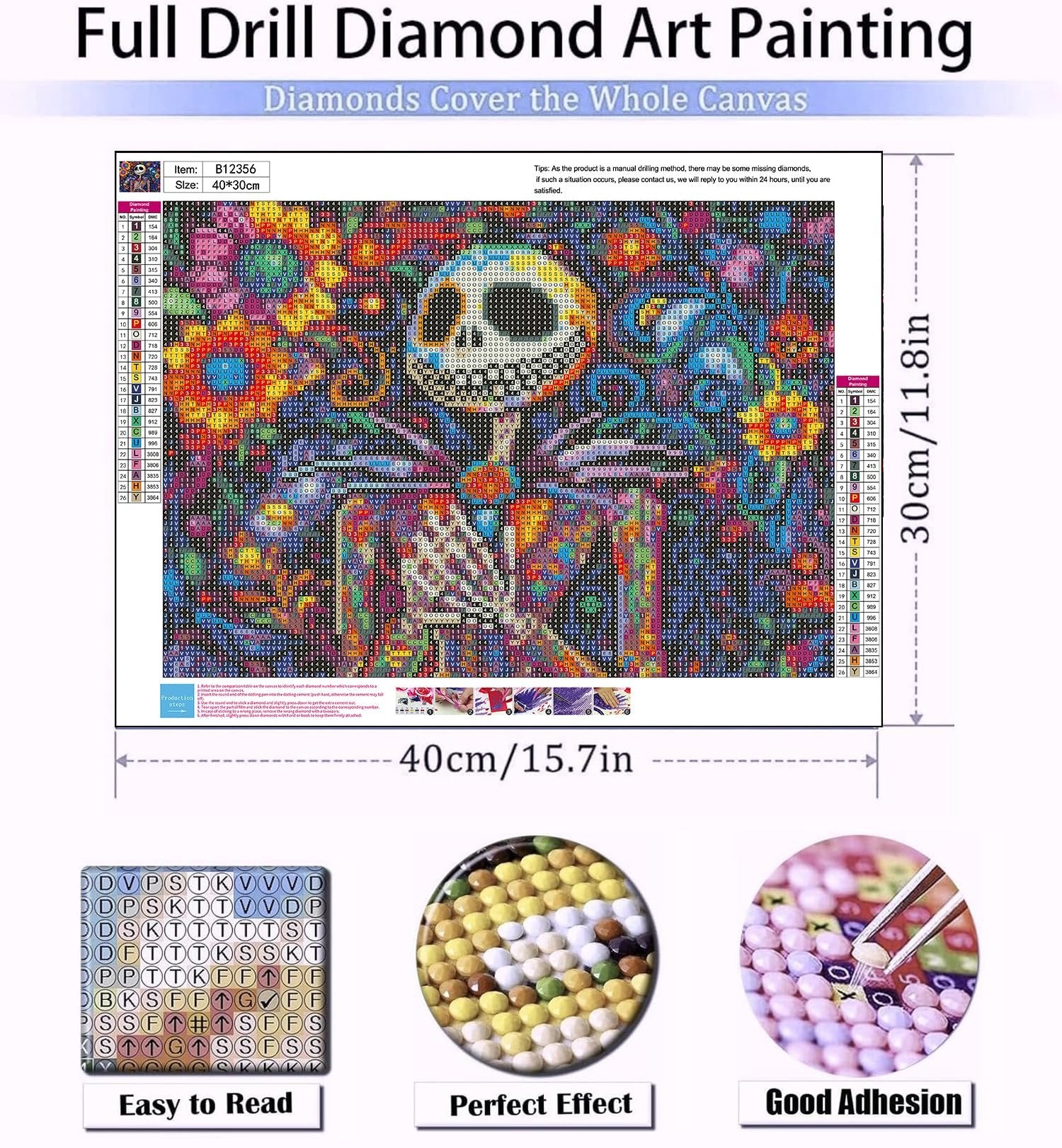Diamond art painting kit with a Skullhead Jack design, showing the canvas with numbered sections and a legend, plus close-ups of diamonds and application.