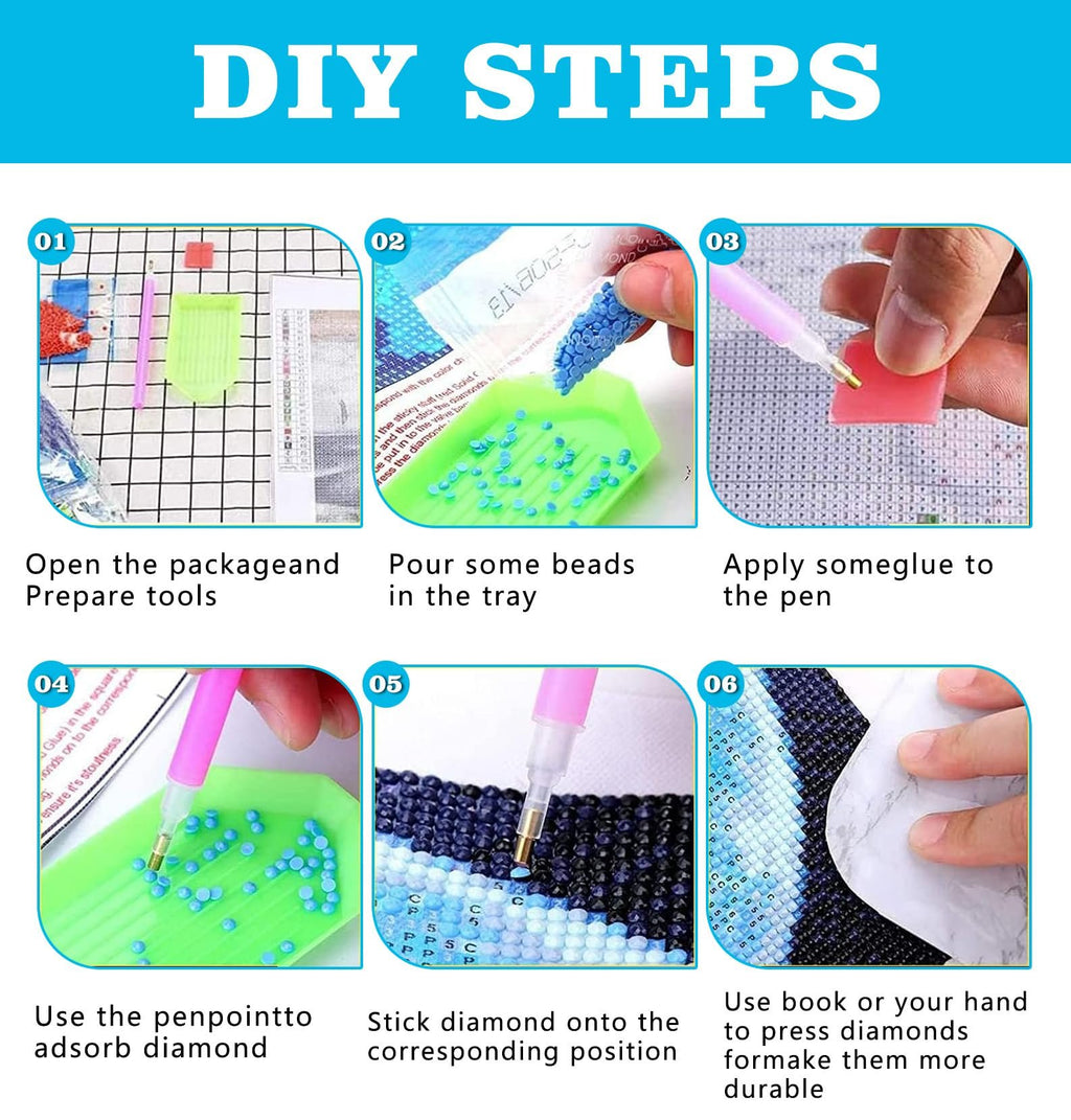 Diamond painting kit instructions showing 6 steps: preparing tools, pouring beads, applying glue, picking up diamonds, placing diamonds, and pressing diamonds.