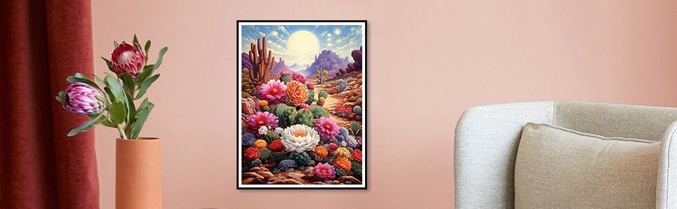 Diamond painting kit depicting a desert landscape with colorful cacti flowers and saguaro cacti under a bright sun.