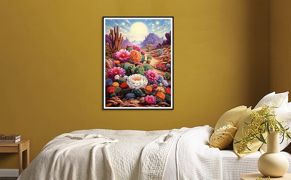 Diamond painting kit showing a desert landscape with blooming cacti and a bright sun.