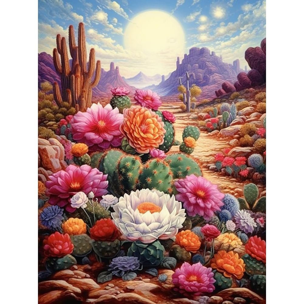 Diamond painting kit featuring a desert landscape with blooming cacti and flowers under a bright sun.