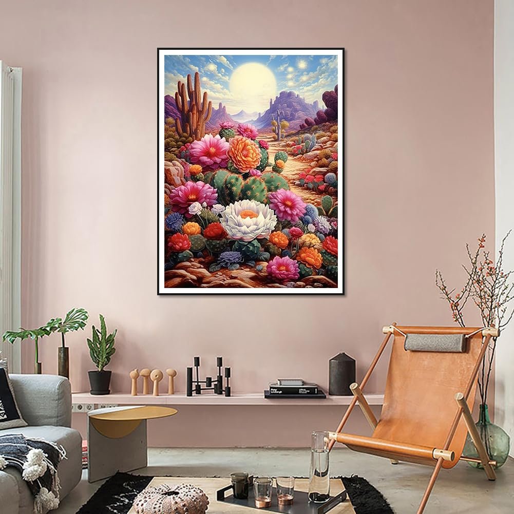 Diamond painting kit featuring a desert landscape with colorful cactus flowers and mountains under a bright sun.