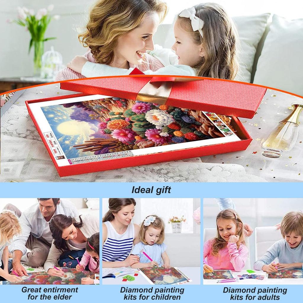 Diamond painting kit with desert cactus flowers and moon, presented in a red box, with lifestyle images of families doing diamond painting.