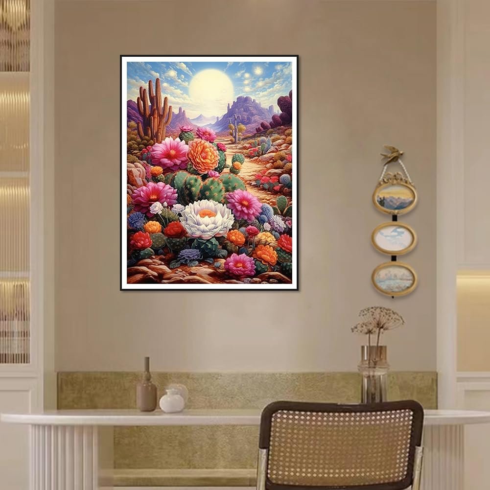 Diamond painting kit depicting a desert landscape with colorful cacti and flowers under a bright sun.