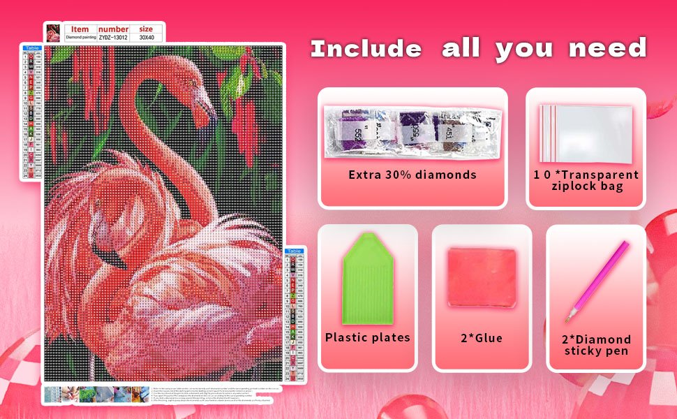 Diamond painting kit with two flamingos, showing included accessories like diamonds, ziplock bags, plastic plates, glue, and a sticky pen.