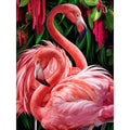 Two pink flamingos nestled amongst lush green foliage and red flowers, rendered in a detailed painting style.