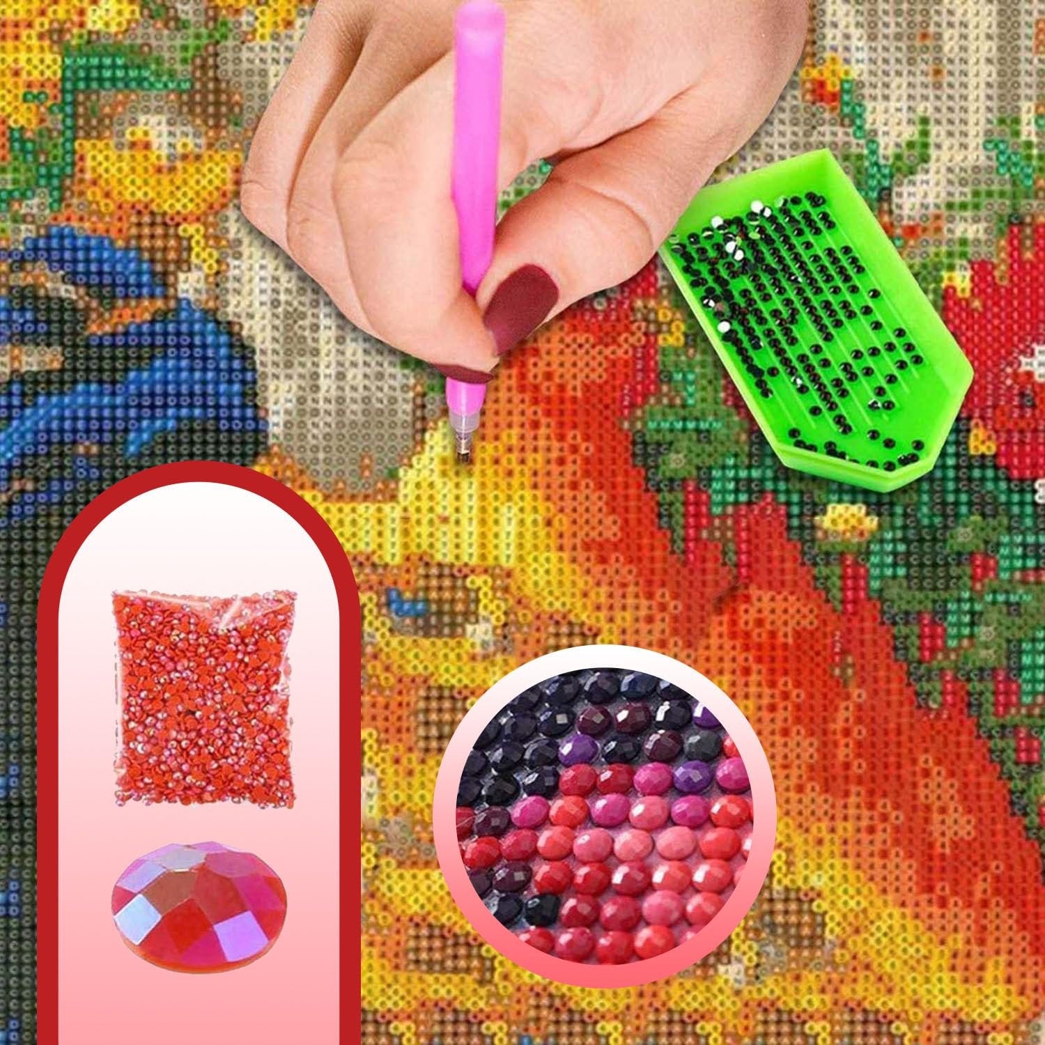 Diamond painting kit with a hand using a pink tool to place rhinestones on a canvas with a flamingo design. Includes a tray of rhinestones and a bag of red rhinestones.