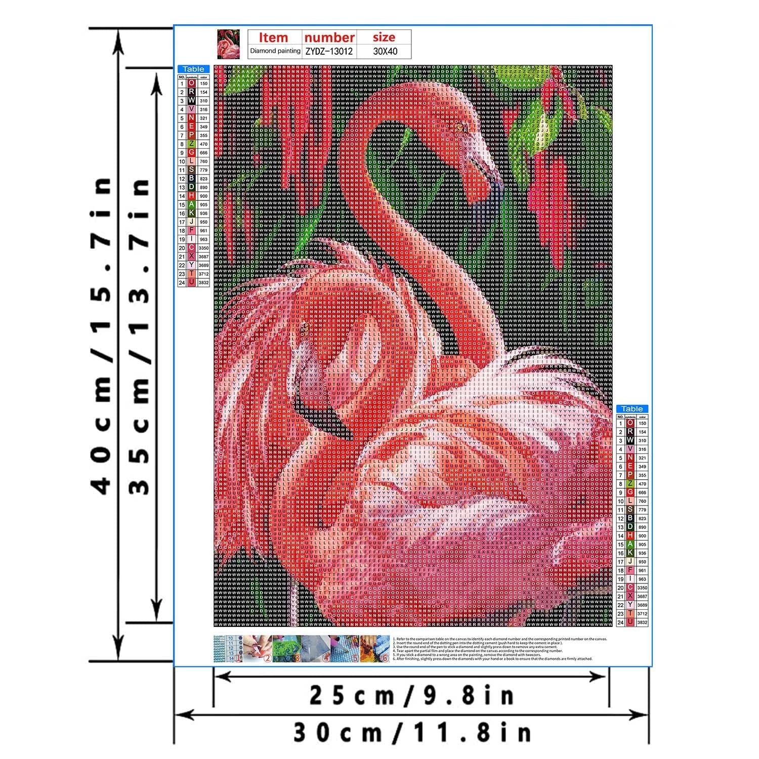 Diamond painting kit featuring two pink flamingos against a green leafy background, with a color/symbol key and dimensions shown.