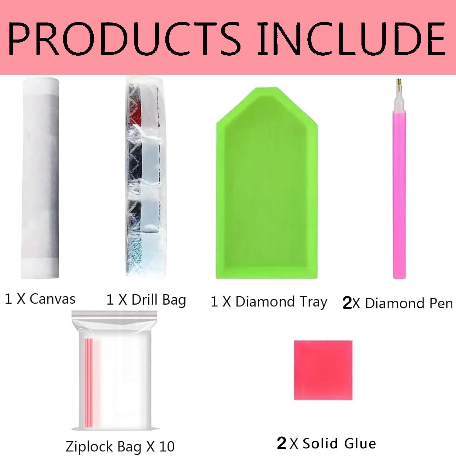 Diamond painting kit contents including canvas, drill bag, diamond tray, diamond pen, ziplock bags, and solid glue.