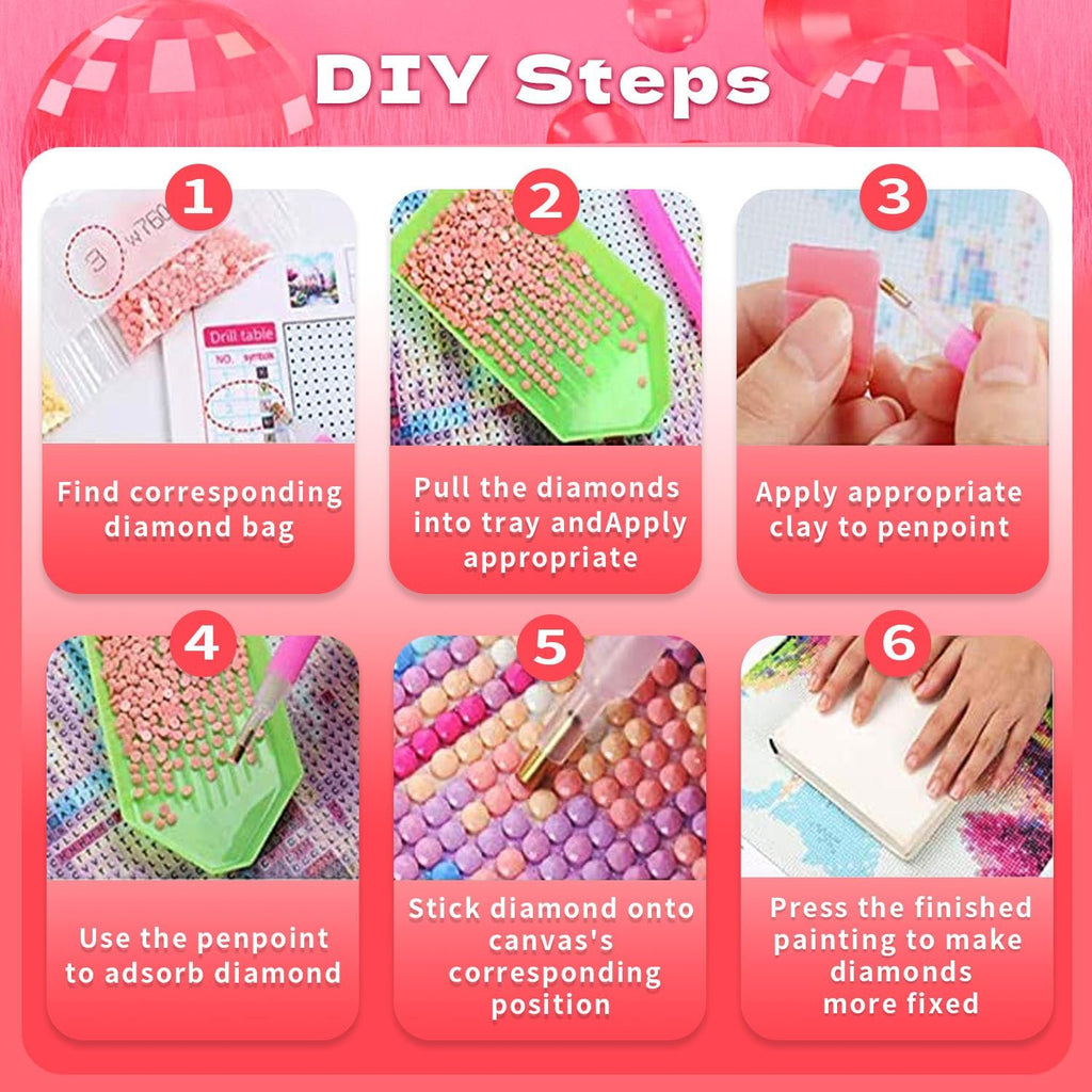 Diamond painting DIY steps illustrated in six numbered panels showing how to apply diamonds to canvas.