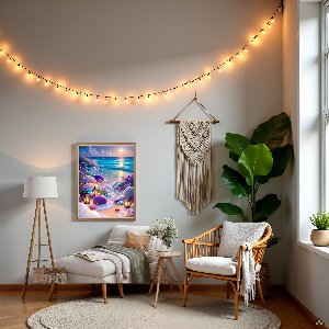 Living room scene with a framed diamond painting of a beach at sunset hanging on the wall, a chaise lounge, and a wicker chair.