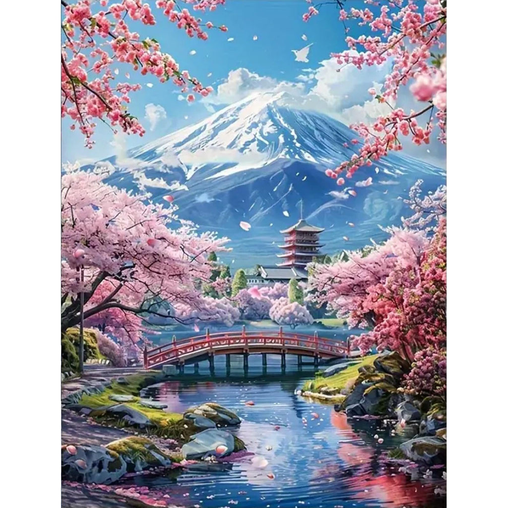Diamond painting kit showing Mount Fuji with cherry blossoms and a pagoda over a bridge and stream