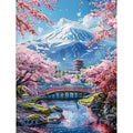 Diamond painting kit showing Mount Fuji with cherry blossoms and a pagoda over a bridge and stream