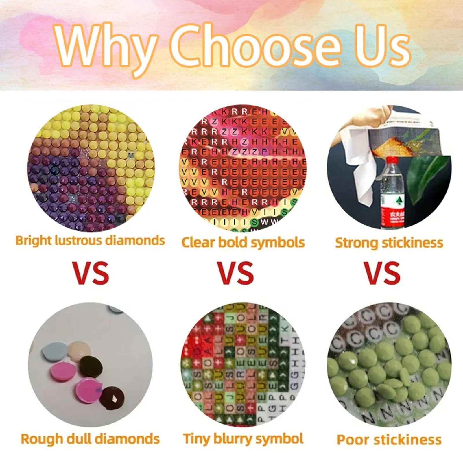 Diamond painting comparison chart showing good vs bad qualities like bright vs dull diamonds, clear vs blurry symbols, and strong vs poor stickiness.