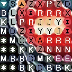 Diamond painting kit with colorful beads arranged in a grid pattern, showing letters and symbols.