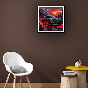 Diamond art painting of a sports car driving through mountains at sunset, framed and hanging on a wall.