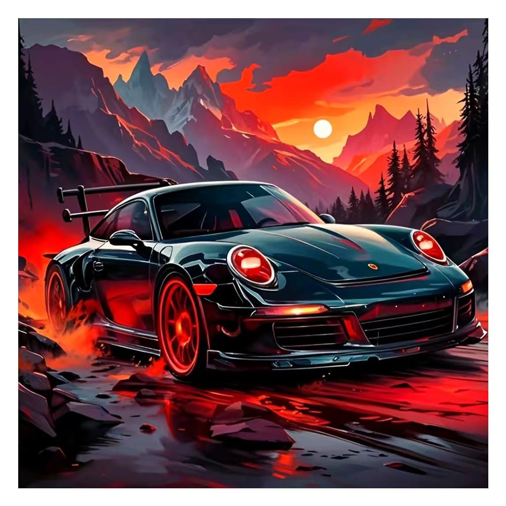 Diamond painting kit featuring a dark sports car driving through a fiery mountain landscape at sunset.