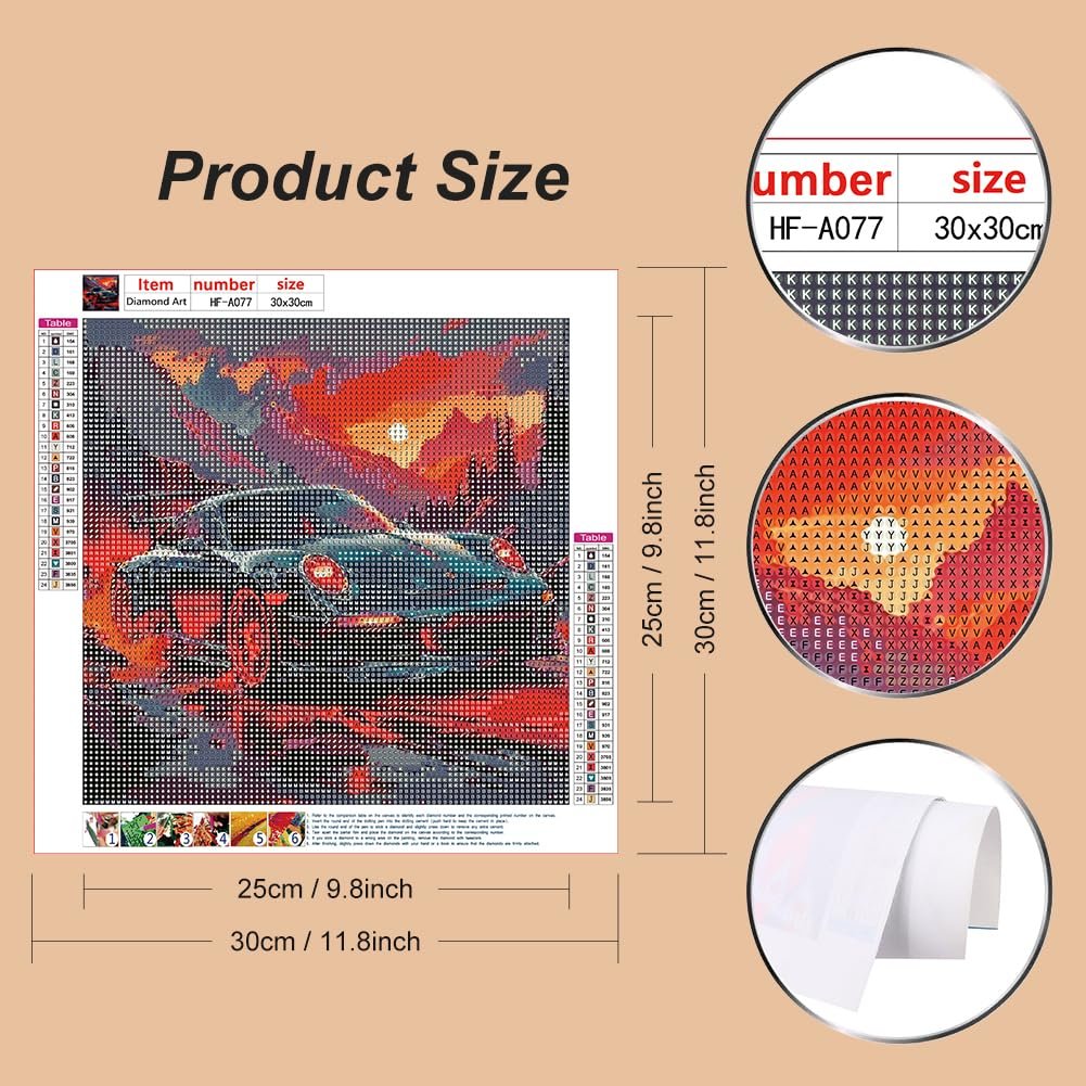 Diamond art painting kit showing a car with a sunset background, with size and color chart details.