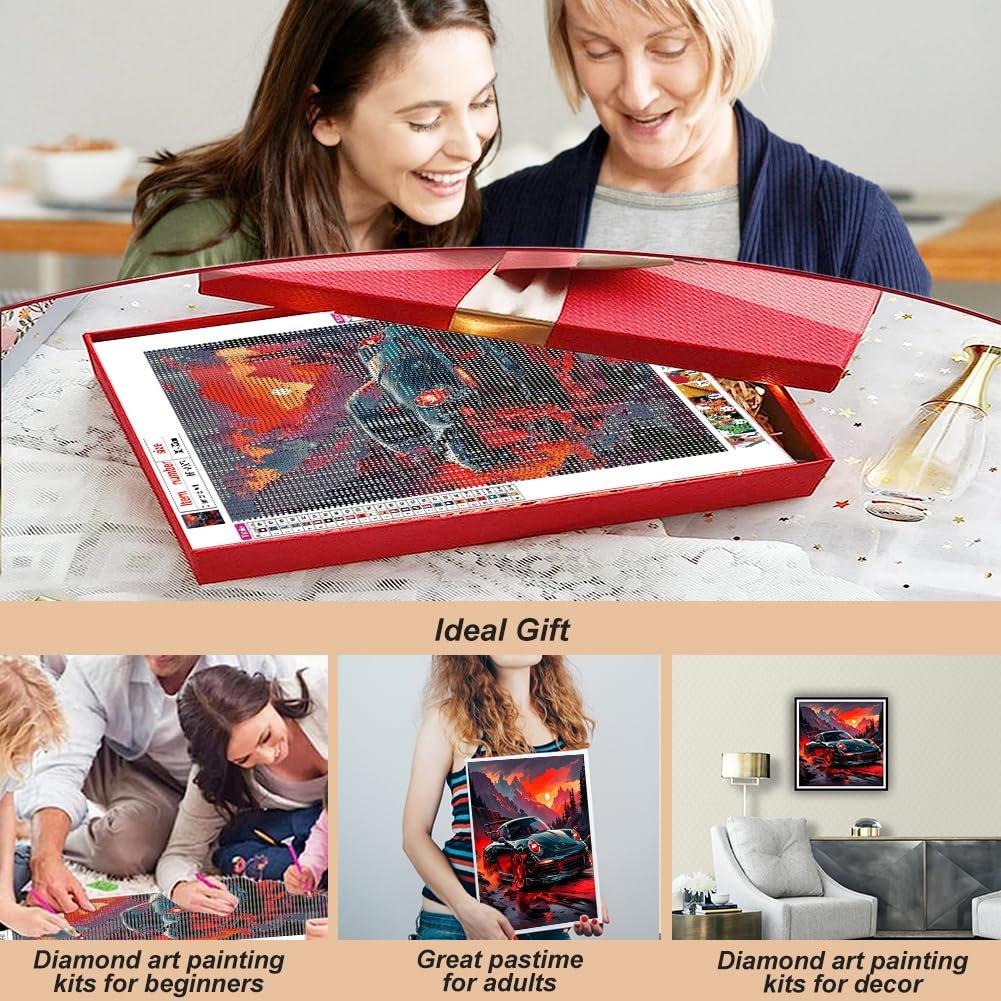 Two women looking at a diamond art painting kit of a car in a red box, with three smaller lifestyle images below.