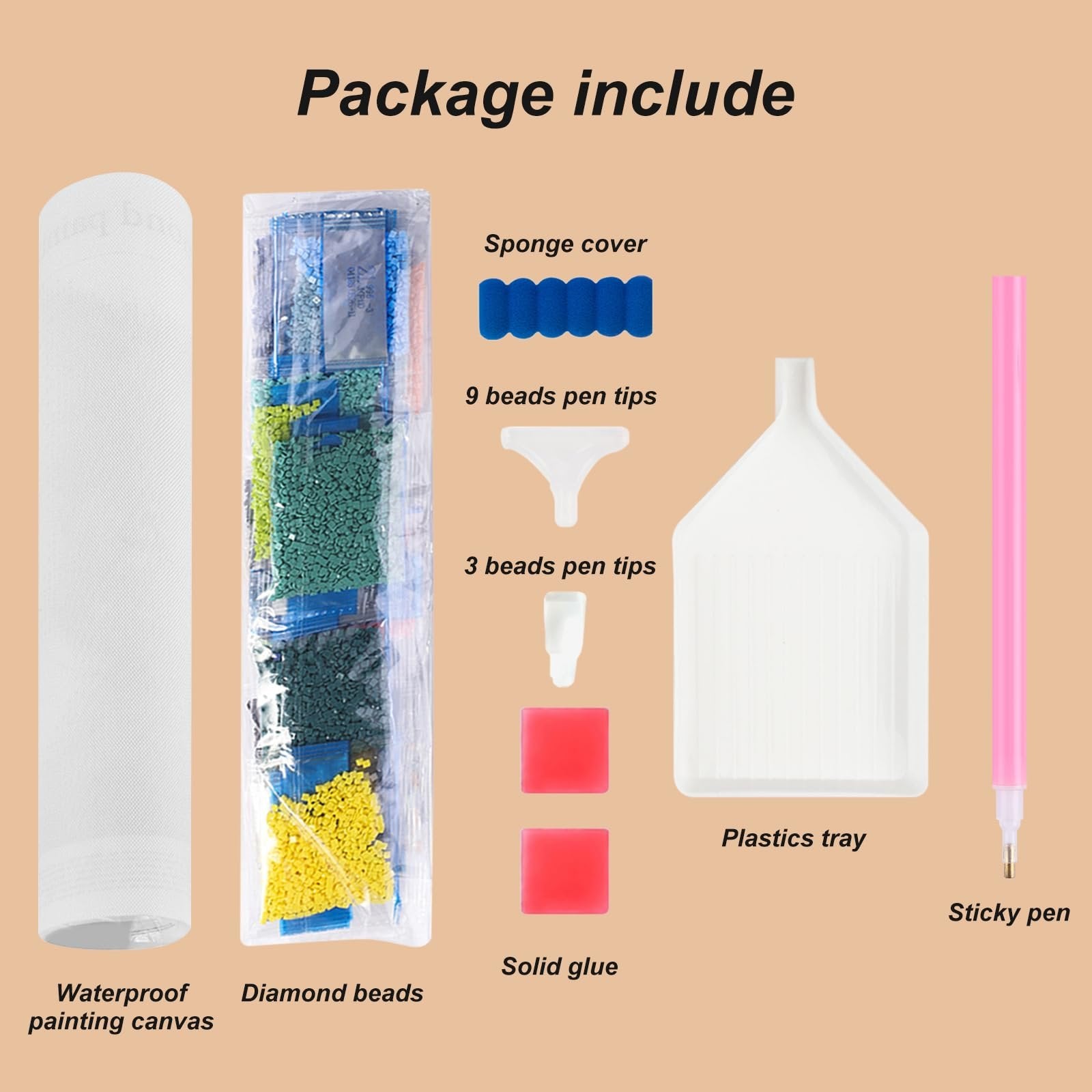 Diamond art painting kit contents laid out, showing canvas, beads, tray, pens, and glue.