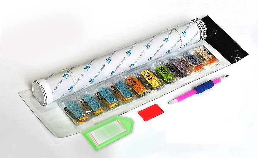 Diamond painting kit contents including a rolled canvas, bags of colored beads, a pink and blue applicator tool, and a green tray.