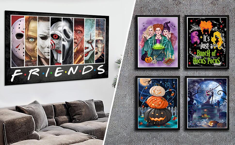 Collage of Halloween-themed art prints featuring horror characters and witches, displayed on a wall above a sofa.