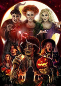 Halloween themed diamond painting kit art featuring characters from Hocus Pocus and a zombie with pumpkins and a black cat.