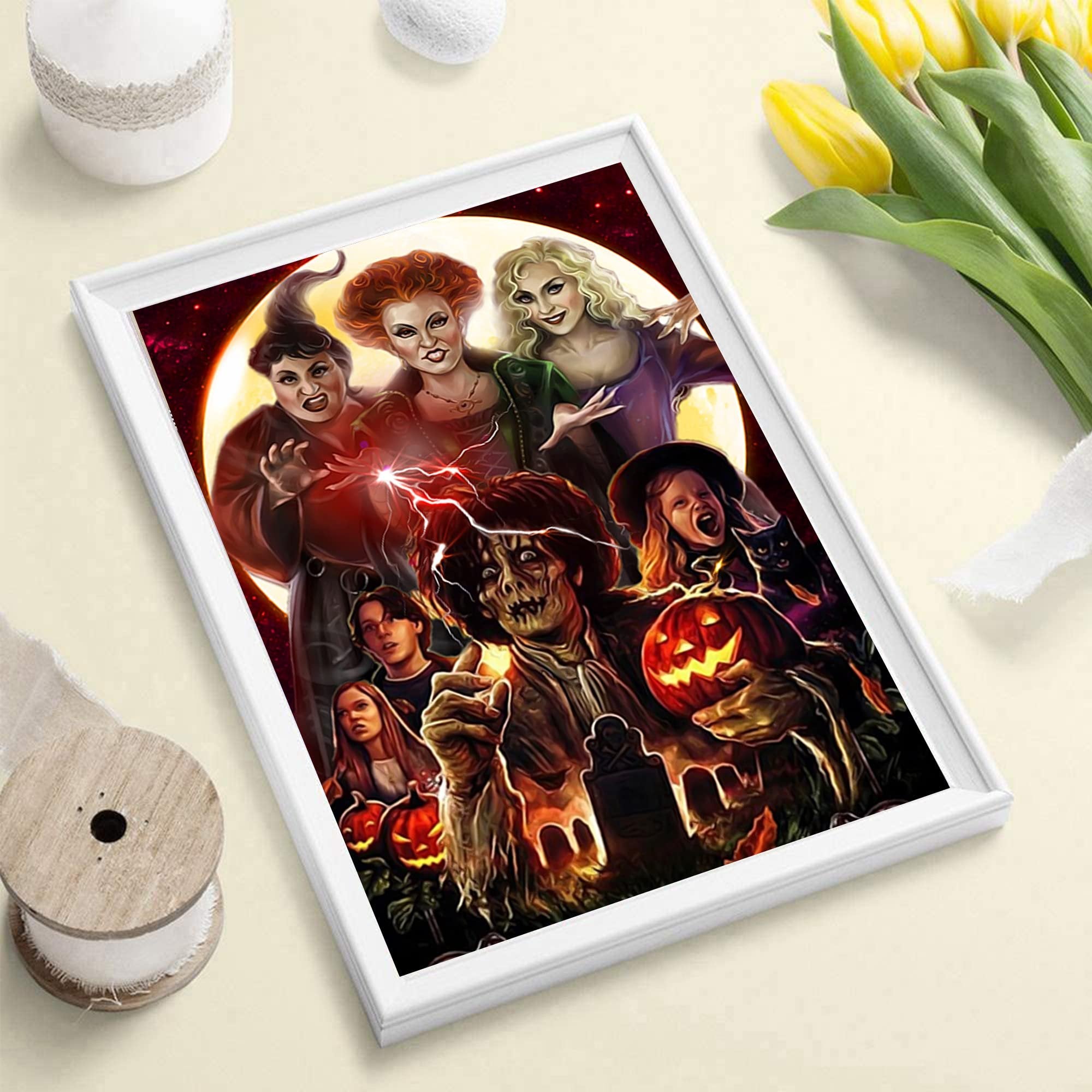 Diamond painting kit featuring characters from Hocus Pocus in a Halloween scene with pumpkins and a graveyard.