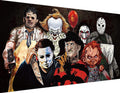 Group of horror movie characters including Michael Myers, Freddy Krueger, Chucky, Pennywise, and Jigsaw, with a red balloon.