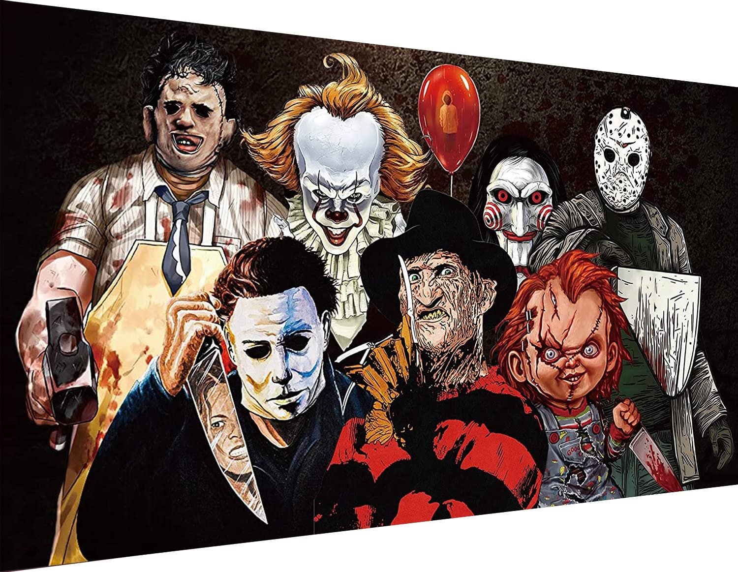 Group of horror movie characters including Michael Myers, Freddy Krueger, Chucky, Pennywise, and Jigsaw, with a red balloon.