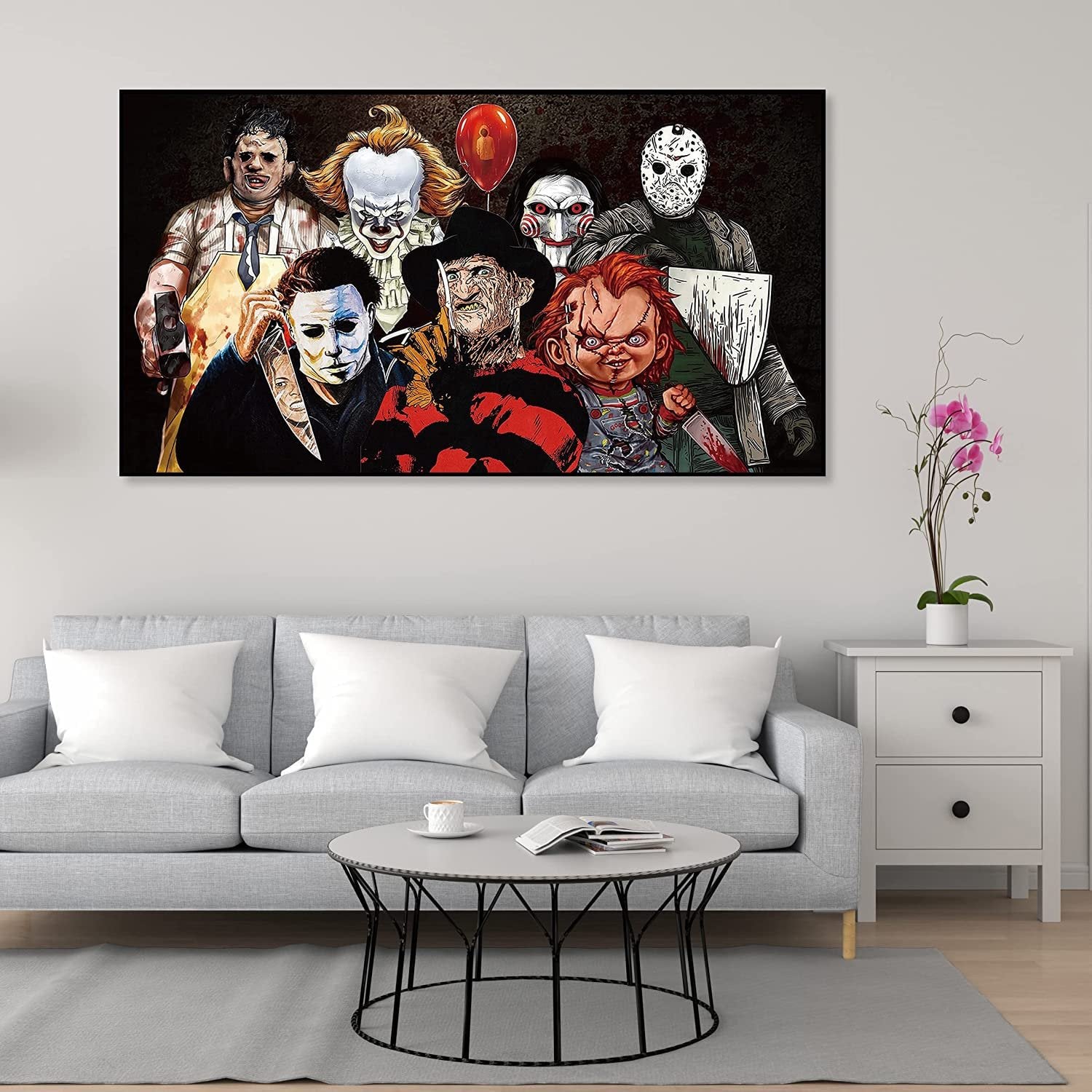 Halloween horror movie characters depicted in a diamond painting kit, including Pennywise, Freddy Krueger, Chucky, and Michael Myers.
