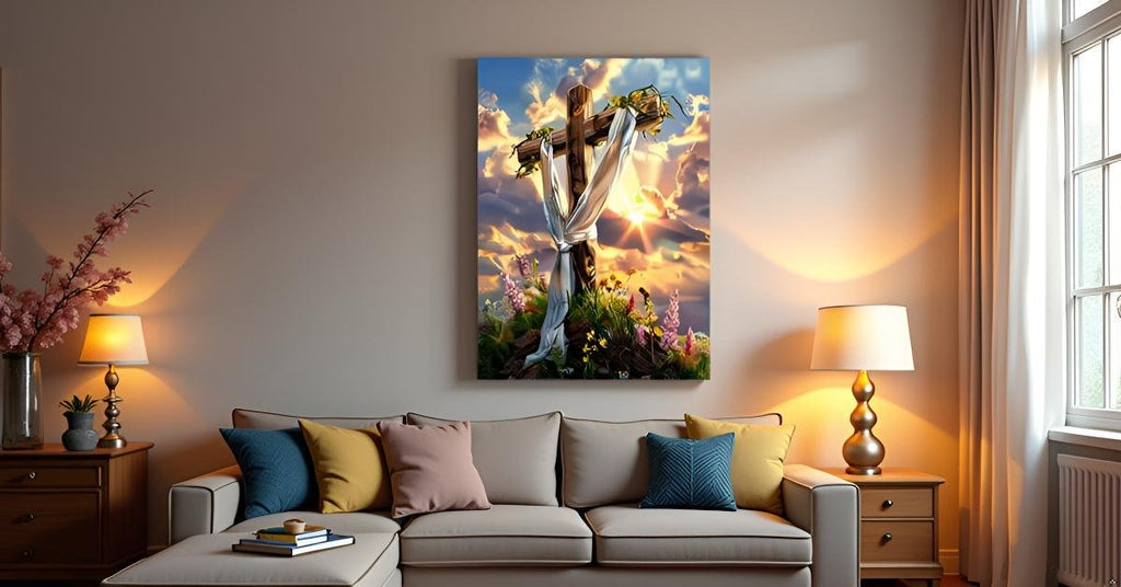 Diamond painting of a wooden cross draped with white cloth, surrounded by flowers and greenery, set against a sunset sky.