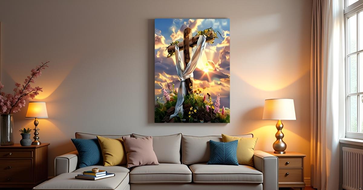 Diamond painting of a wooden cross draped with white cloth, surrounded by flowers and greenery, set against a sunset sky.