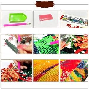 Diamond painting kit contents and process: tray, pink tool, canvas with beads, close-ups of application.