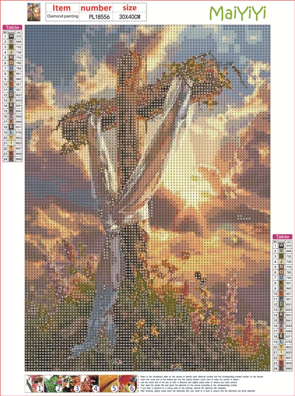 Diamond painting kit showing a cross with draped fabric against a sunset sky, with a color key table on the left and bottom.