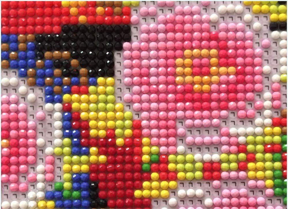 Close-up of a diamond painting kit showing a colorful floral design with pink, red, yellow, blue, and black beads.