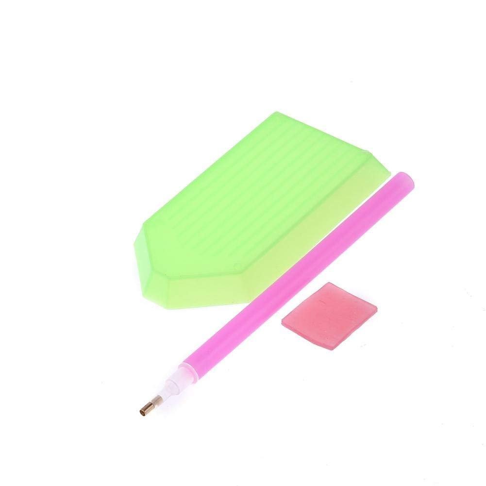 Diamond painting tools including a pink drill pen, green sorting tray, and pink wax pad on a white background.