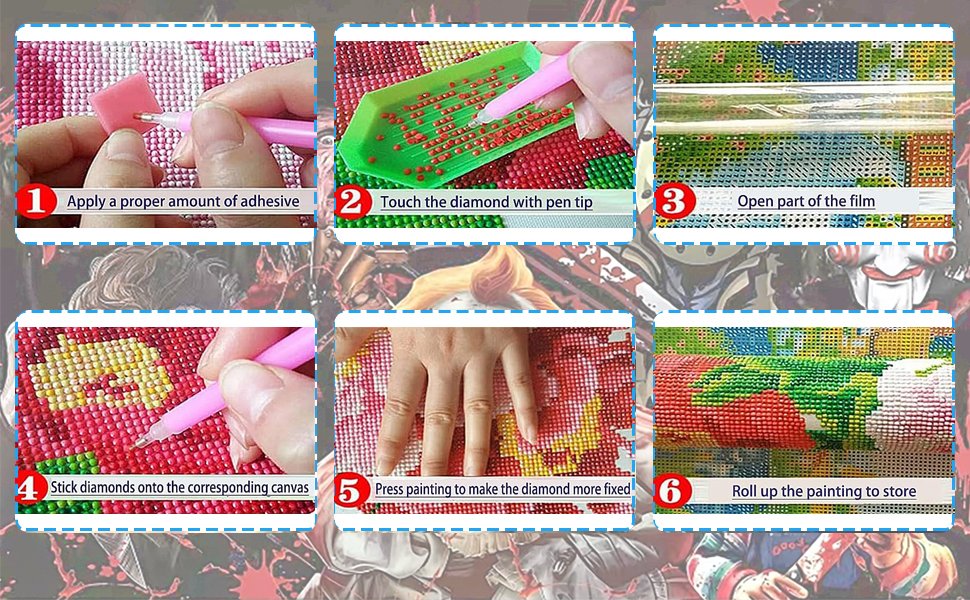 Collage of six steps demonstrating how to create a diamond painting kit, showing adhesive application, diamond placement, and rolling the finished artwork.