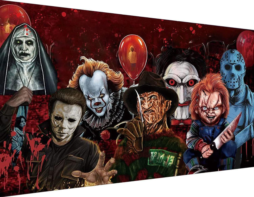 Collage of horror movie characters including Pennywise, Freddy Krueger, Chucky, Michael Myers, and Jigsaw, with red balloons and blood splatters.
