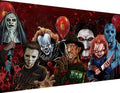 Collage of horror movie characters including Pennywise, Freddy Krueger, Chucky, Michael Myers, and Jigsaw, with red balloons and blood splatters.