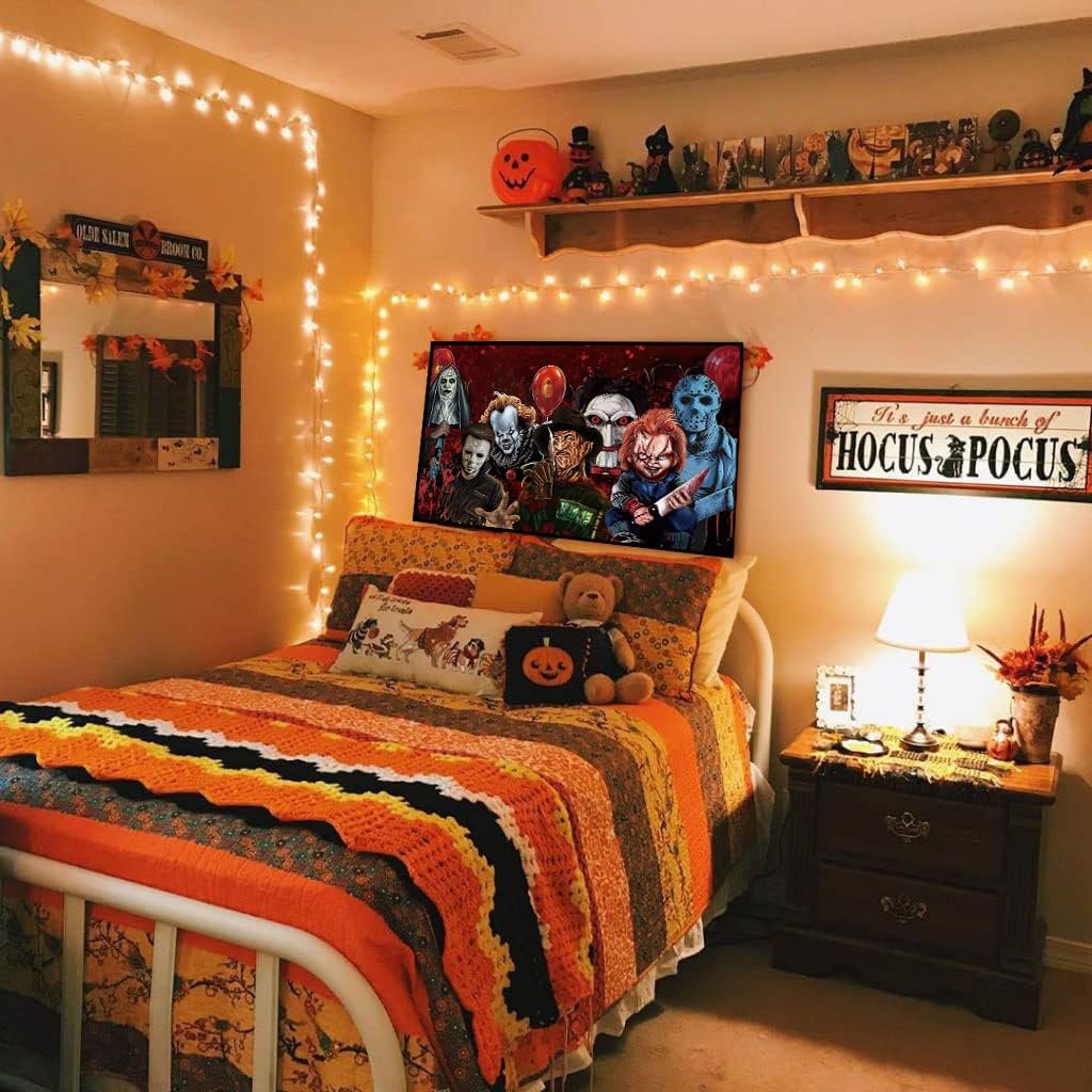Bedroom decorated for Halloween with string lights, a quilt, and horror movie characters on a poster.