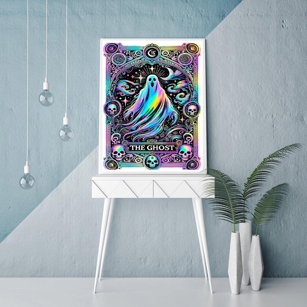 5D Halloween ghost diamond painting kit with skulls and moon, framed and displayed on a white console table.