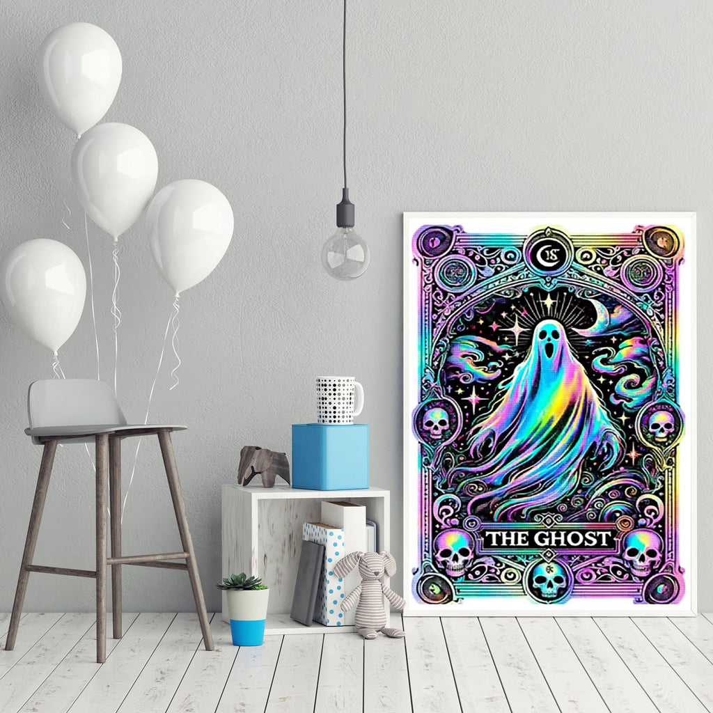Diamond painting kit featuring a colorful ghost with skulls and celestial elements, framed and displayed on a wall.