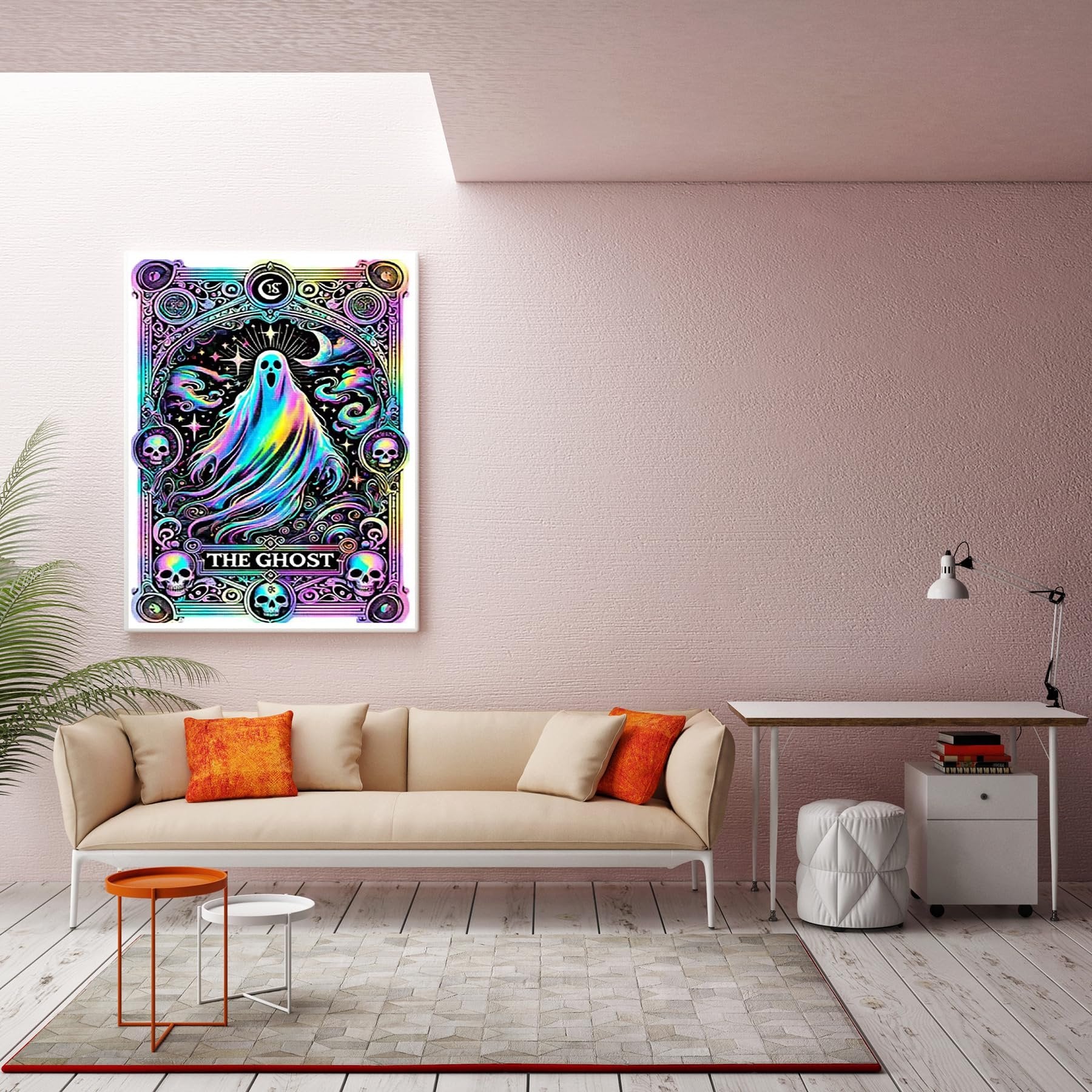 Diamond painting artwork of a colorful ghost with skulls and celestial elements, framed and hanging on a wall above a sofa.