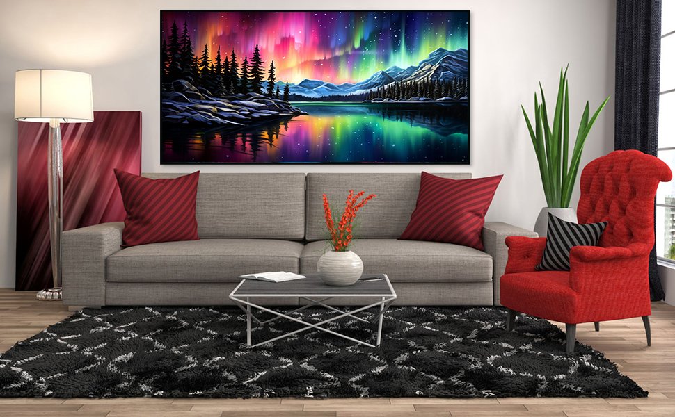 Living room scene with a large aurora landscape painting above a sofa, featuring a red armchair and a black rug.