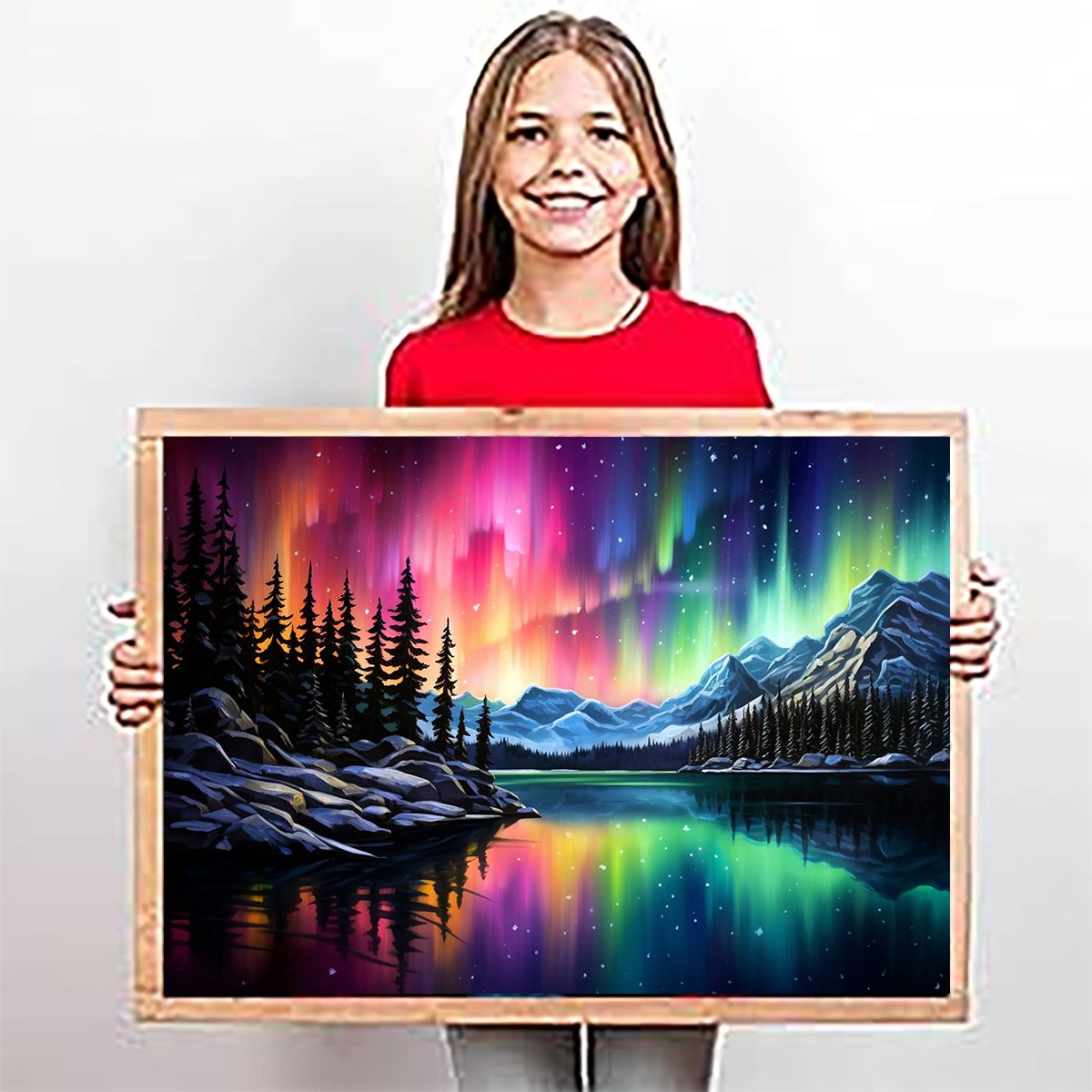Young girl holding a framed diamond art painting of an aurora borealis over a lake with mountains and pine trees.