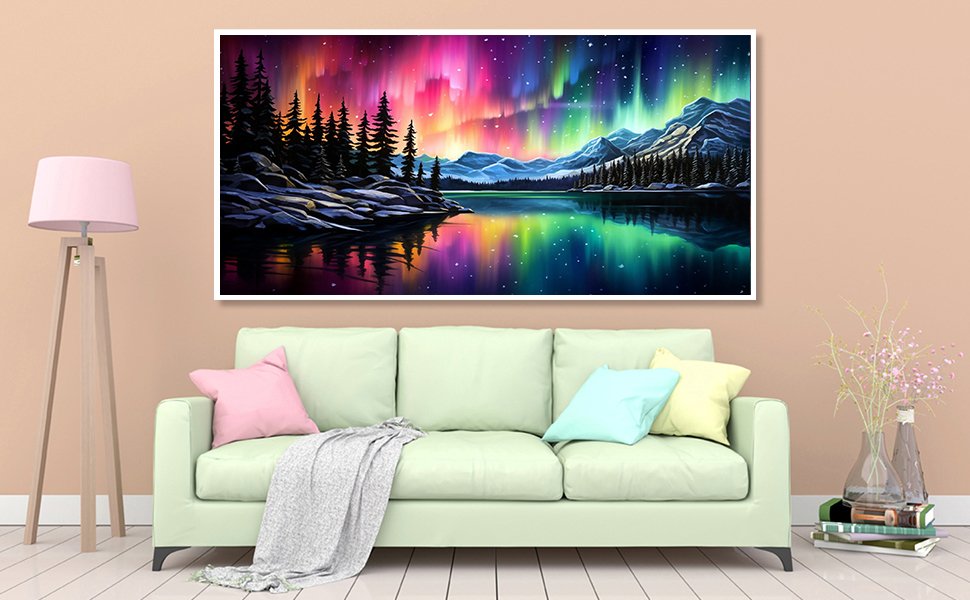 Diamond painting kit featuring a vibrant aurora borealis over a serene lake with snow-capped mountains and pine trees, displayed above a sofa.