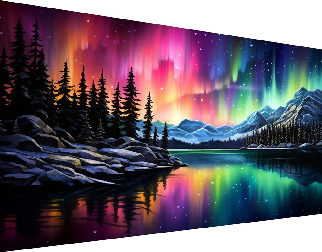Vibrant aurora borealis over a serene lake with snow-capped mountains and pine trees reflected in the water.