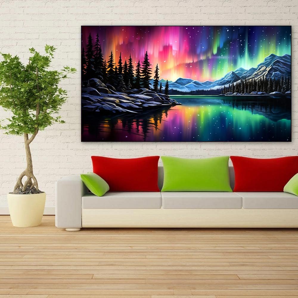 Diamond painting kit featuring a vibrant aurora borealis over a lake and mountains, displayed on a wall above a sofa.